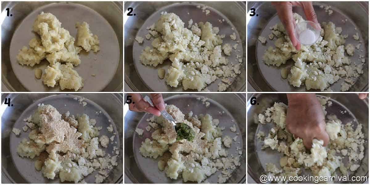 Adding potato, paneer, bread crumb, salt, ginger chili paste in a bowl