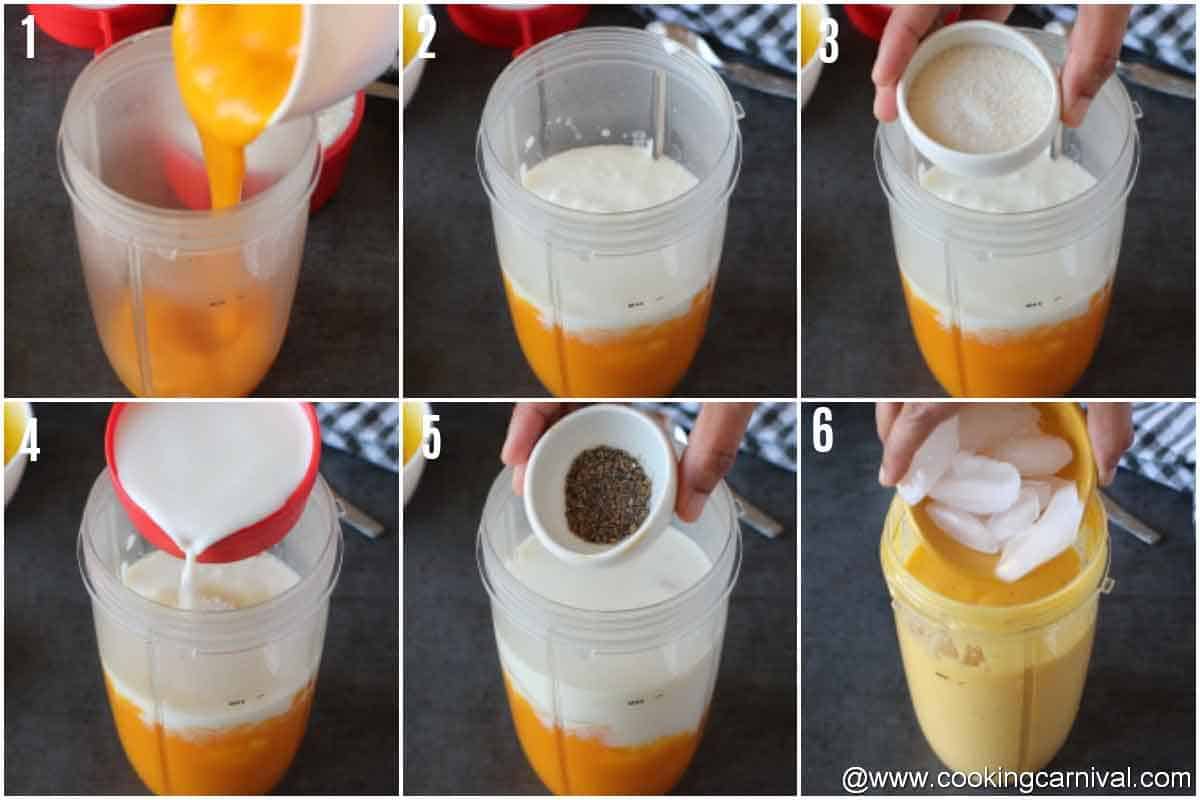 adding mango puree, milk, yogurt, sugar, cardamom powder and ice in blender