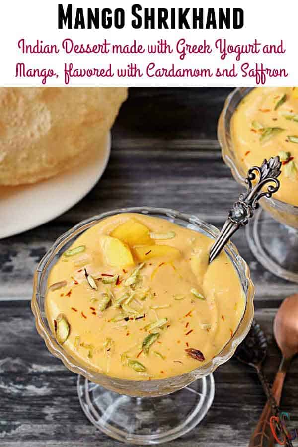 Mango Shrikhand | Aamrkhand - Lush Mango flavored Popular Indian Dessert made with Greek or Thick yogurt, Mango, sweetener, Cardamom, some pistachios and aromatic Saffron.