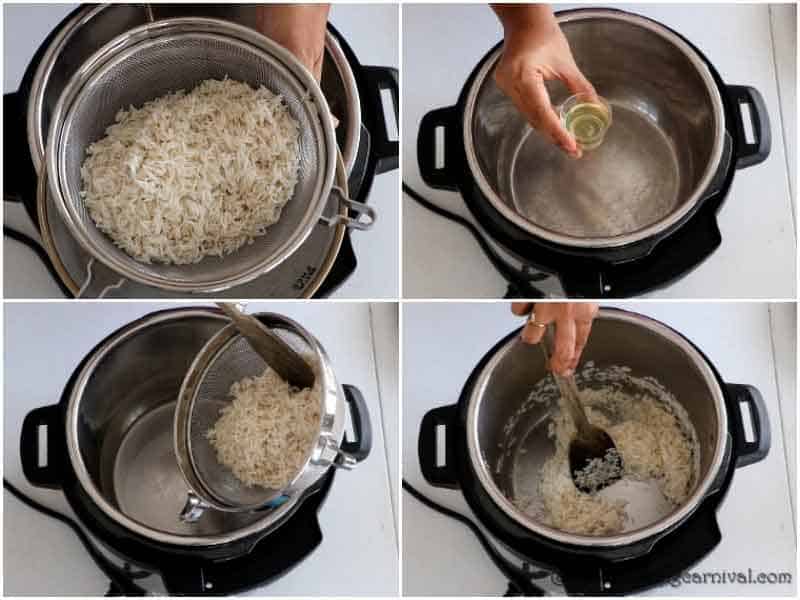 Picture of drained rice sauteing in a instant pot in 2 tablespoon oil