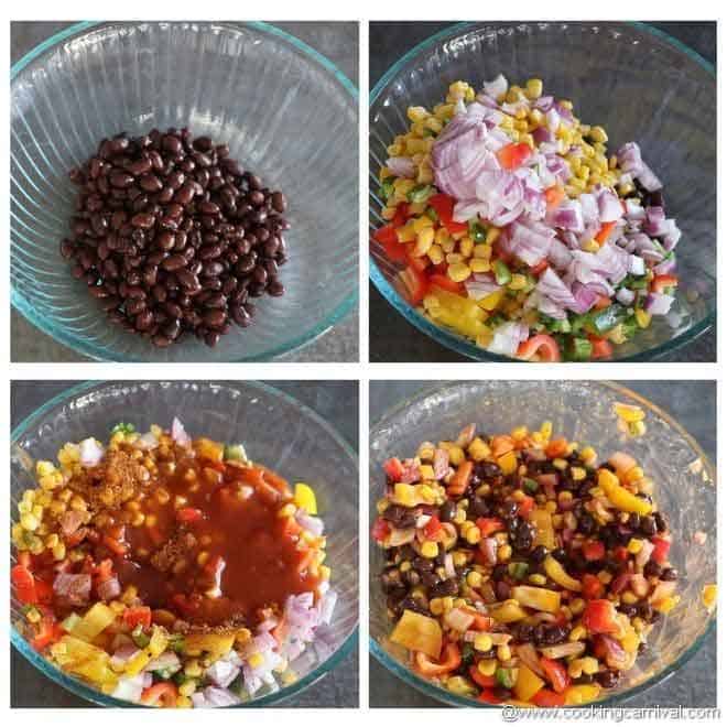 mixing vegetables, beans and enchilada sauce in a bowl