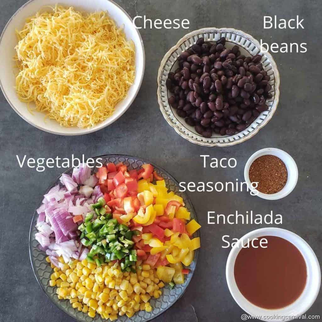 pre measured ingredients for beans and vegetables enchilada stuffing