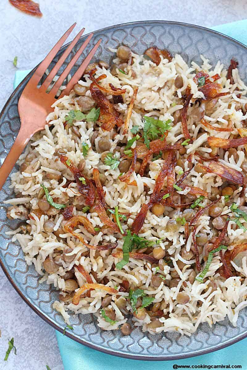 Instant Pot Mujadara (Mujaddara) - A signature Middle Eastern dish made with lentils and rice and garnished with crispy fried onions! It is gluten free, vegan and one of the most comforting one pot meal! It is one of the favorite Vegetarian side dishes and it is protein rich filling meal.