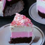 Close up shot of ice cream cake on white plate