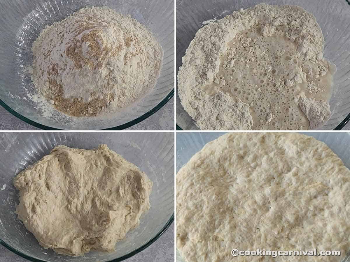 adding yeast, salt, sugar and warm water in flour to make bread dough