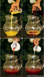 adding orange juice, cranberry juice, lime juice and grape juice in pitcher