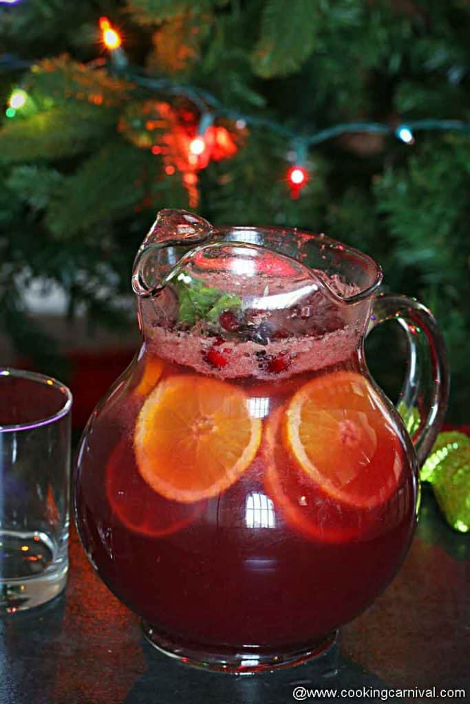 Non-alcoholic sangria in a pitcher