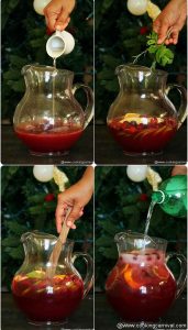 adding soda and simple syrup in sangria