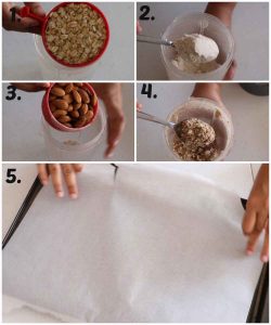 Crushing oats and almonds, lining cookie sheet with parchment paper