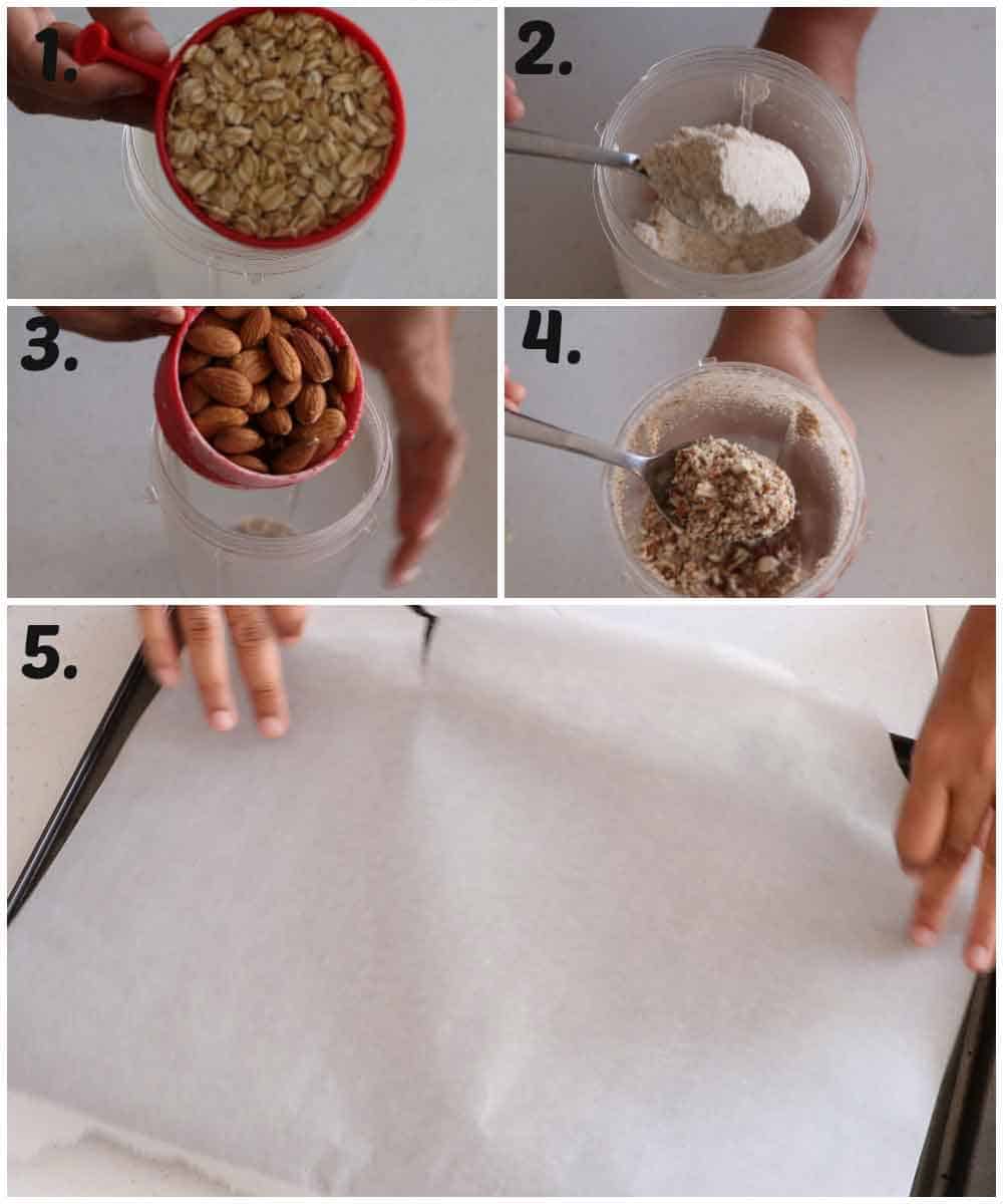 Crushing oats and almonds, lining cookie sheet with parchment paper