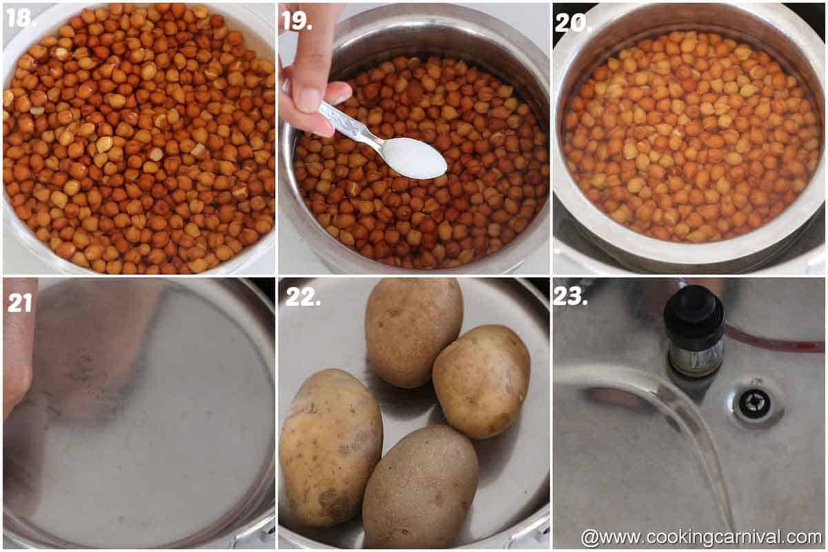 Placing kala chana and potatoes in pressure cooker