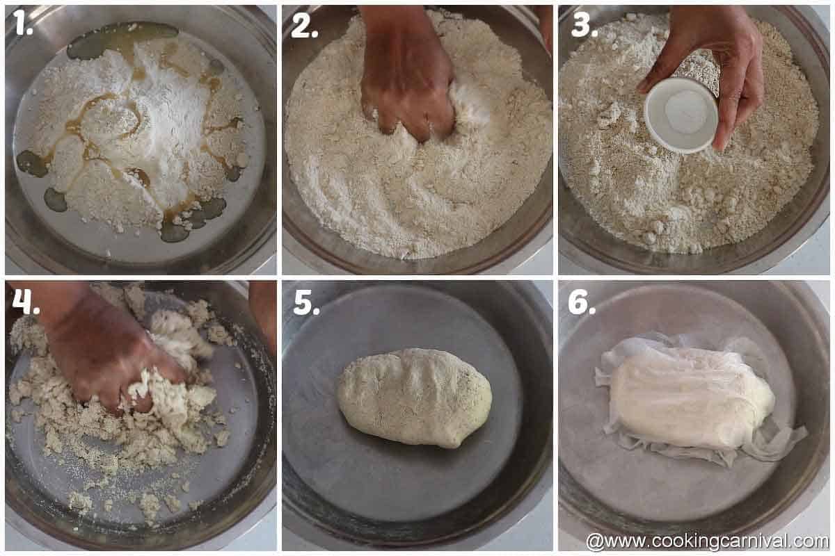 Mix flour, aata, and sooji with oil water and soda in a bowl