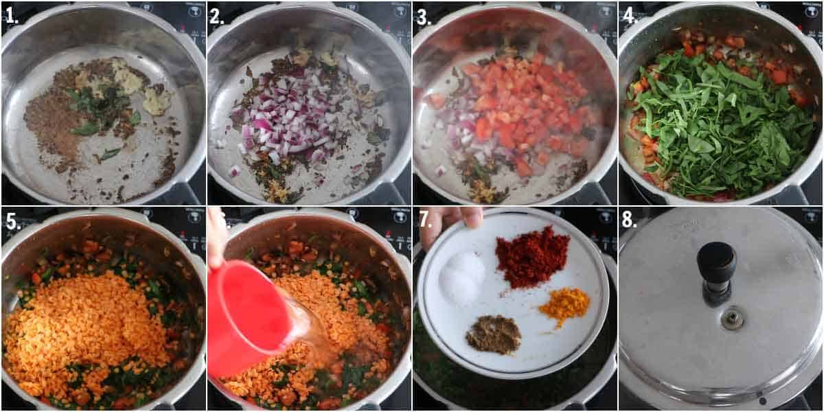 Sauteing cumin seeds, garlic, ginger, curry leaves, tomato, onion in ghee, cooking dal in pressure cooer