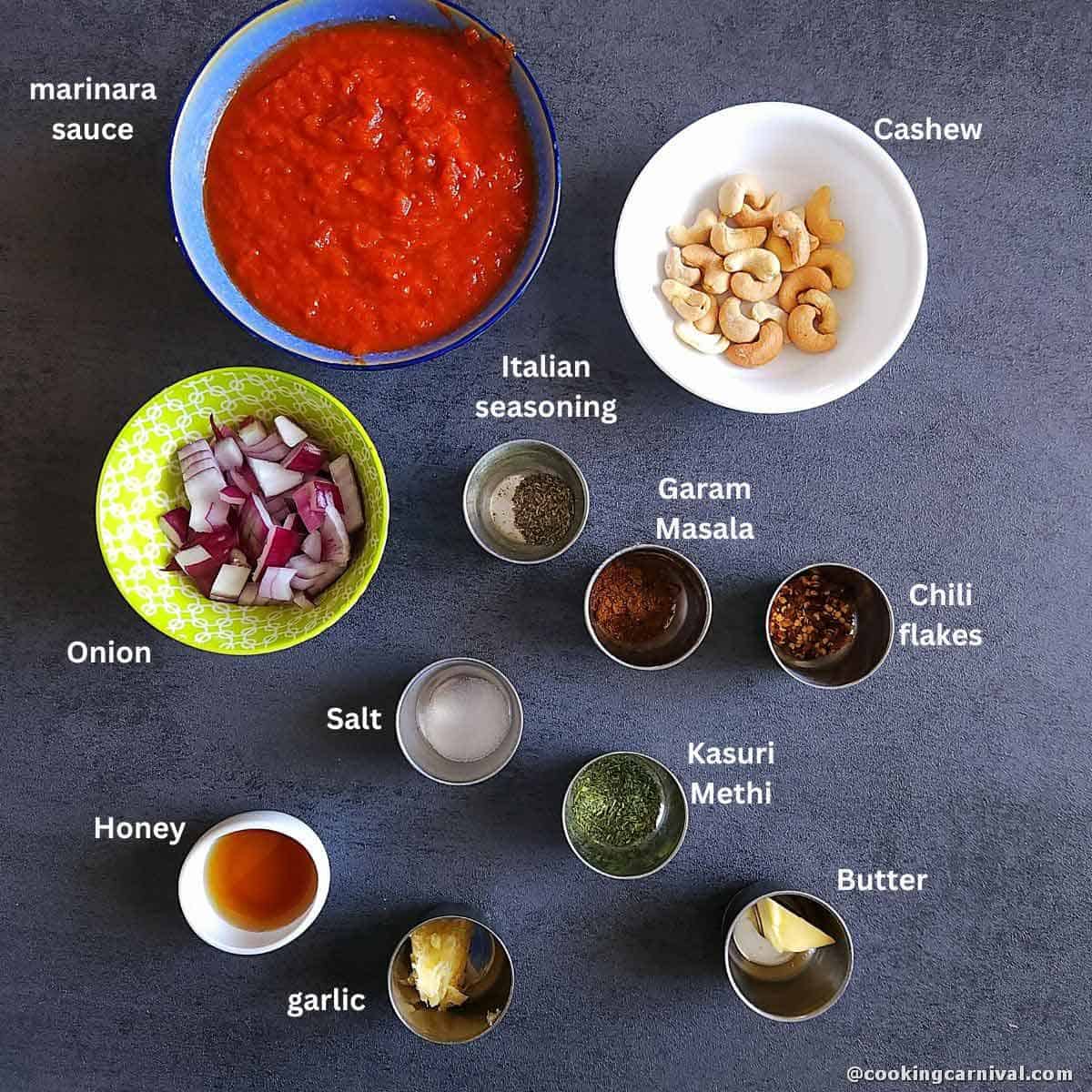 Premeasured ingredients to make sauce for pizza.