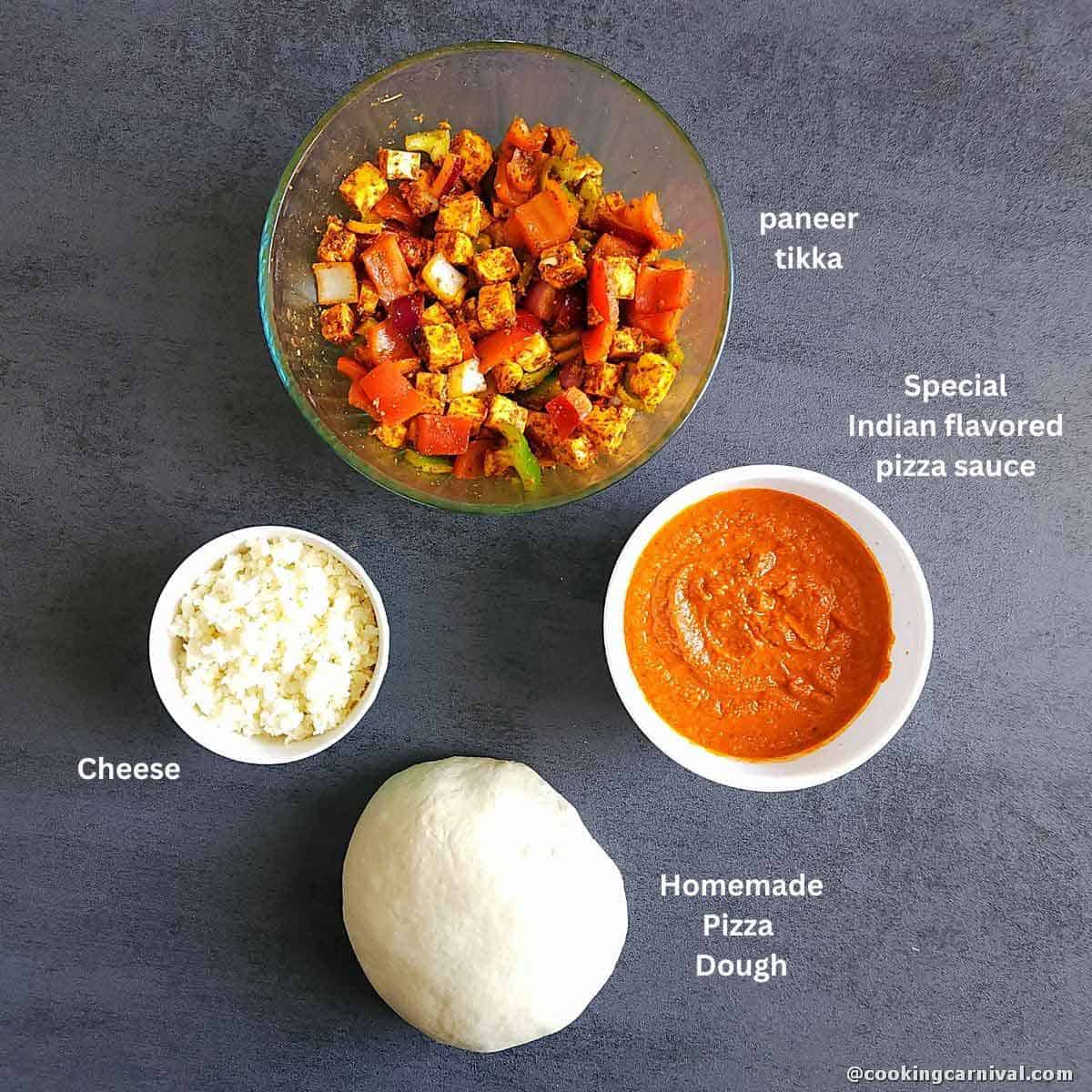 All the required components of paneer pizza recipe.