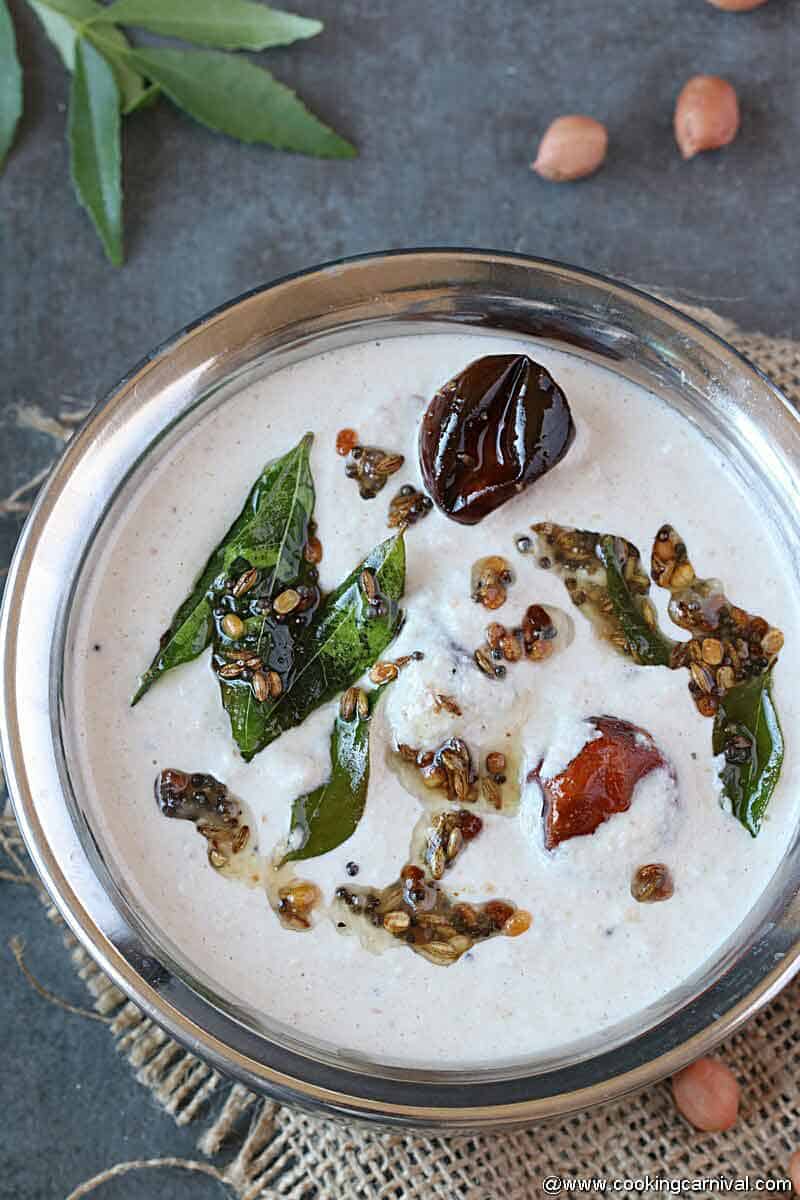 Peanut coconut chutney in steel bowl