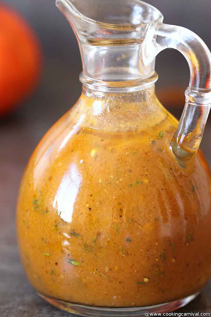 Pumpkin Vinaigrette in small glass dressing bottle