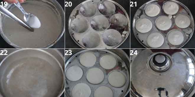 greasing the idli plate and filling it with batter, then steaming it