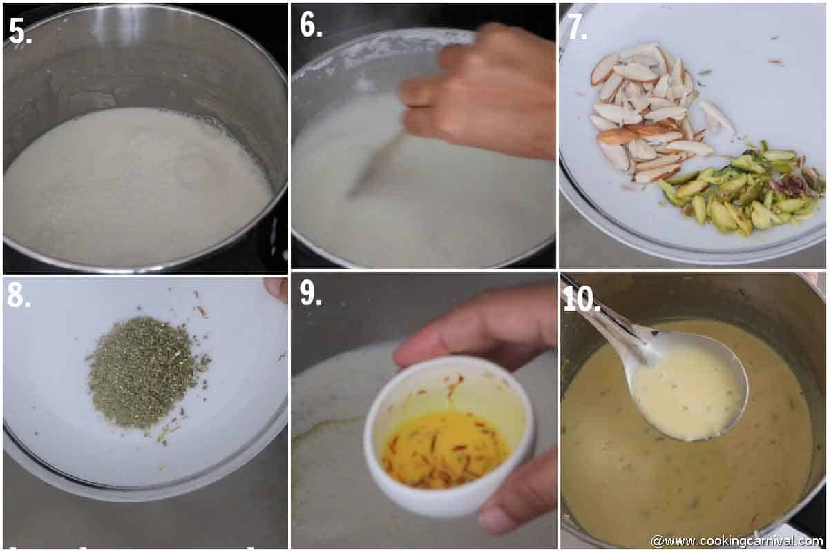 Adding safrron, nuts, fennel seeds and cardamom in milk