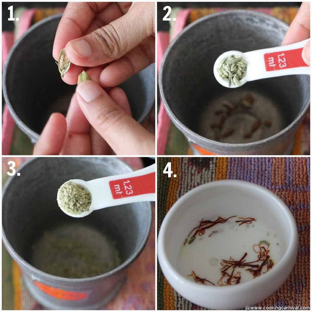 Crushing cardamom and fennel seeds in mortar and pestle