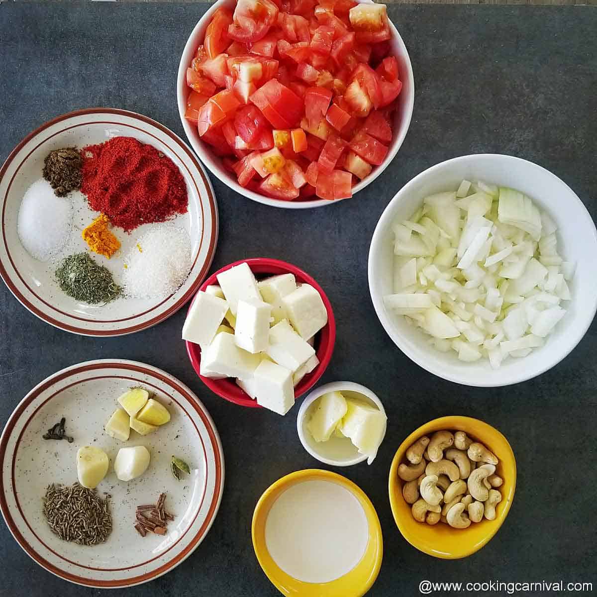 Pre-measured ingredients for paneer curry