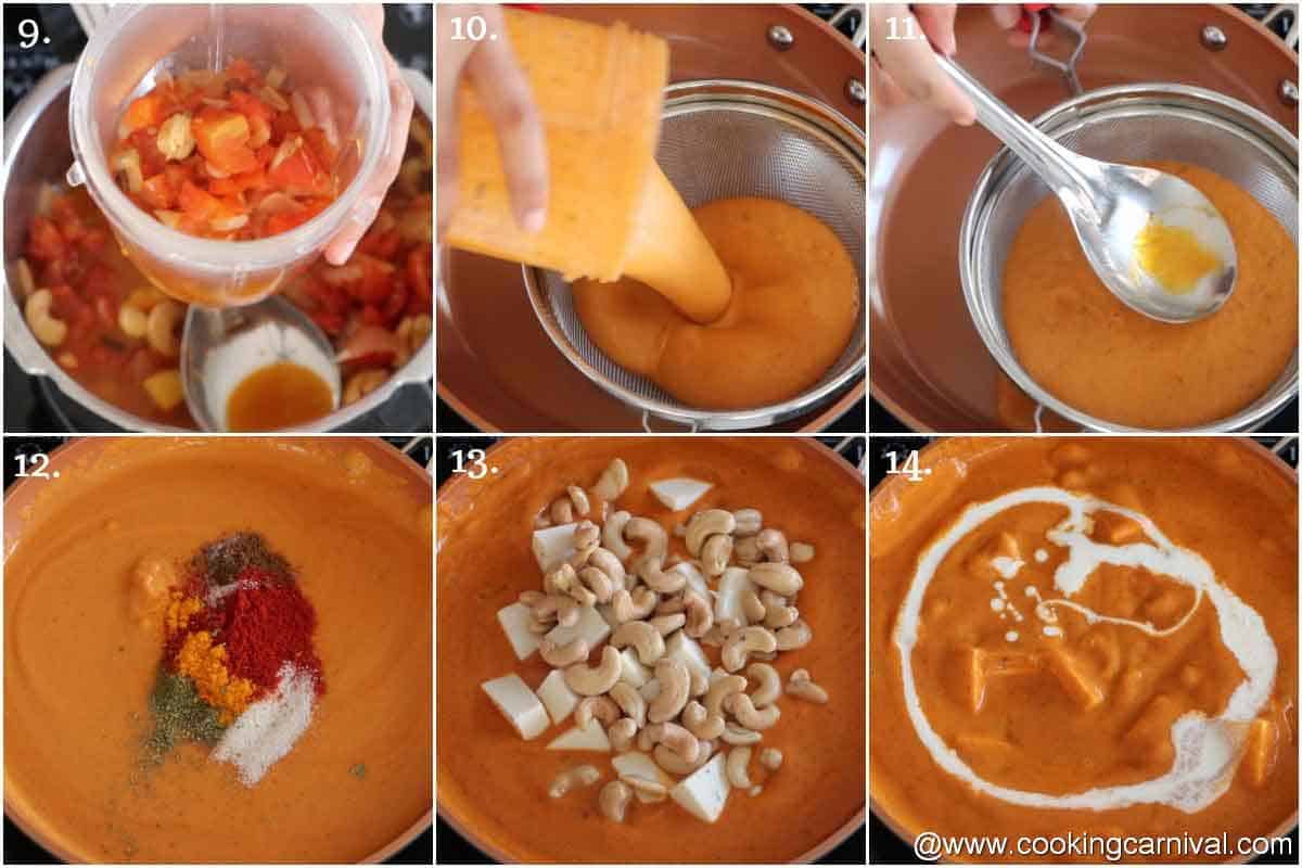 Straining curry and adding paneer and kaju