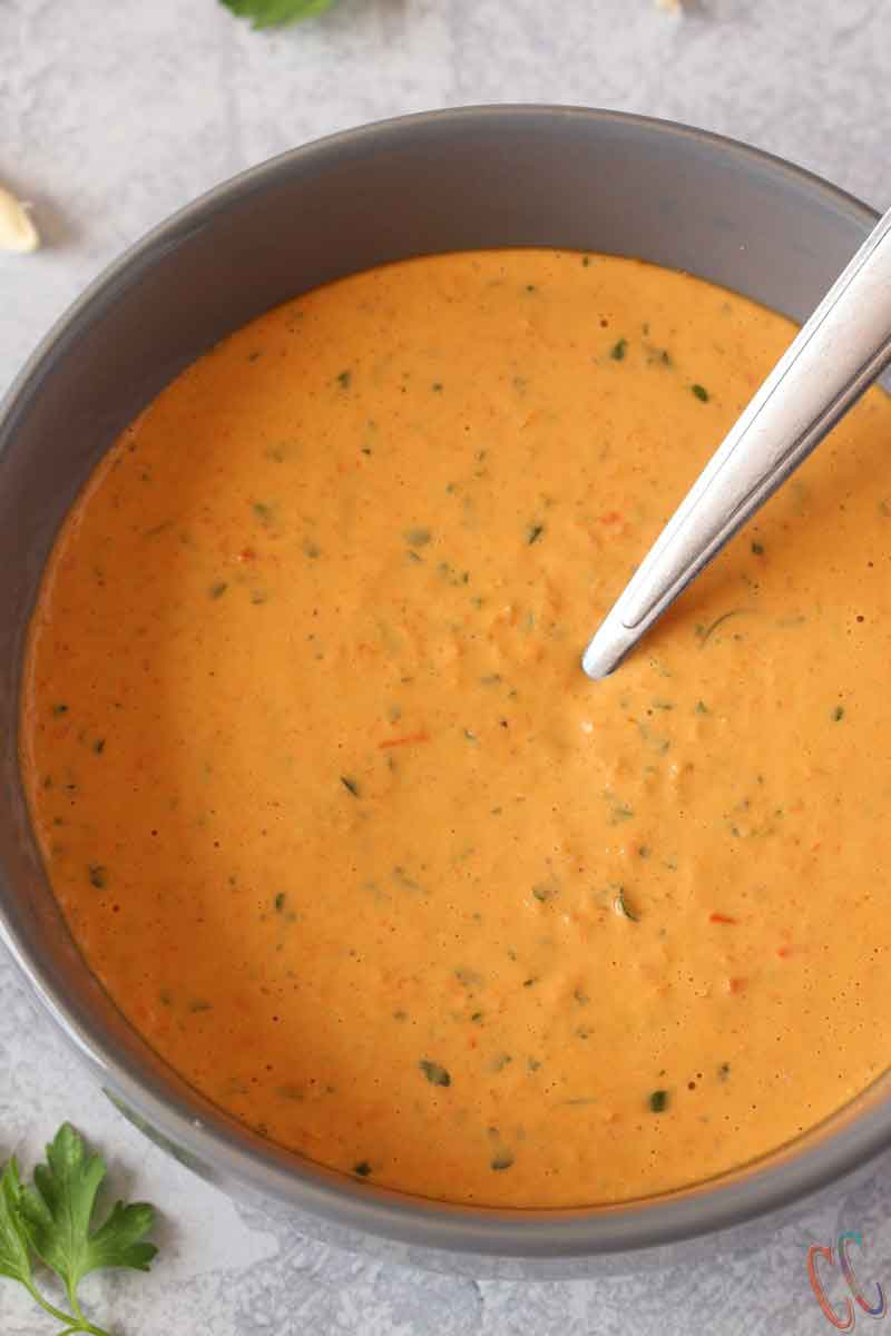 Spicy Roasted Red Pepper Peanut Sauce - Made with Parsley, Peanut butter, Garlic, Lemon juice, Olive oil, Habanero and can be served as a dip, appetizer or as a salad dressing! It is Vegan and Gluten free.