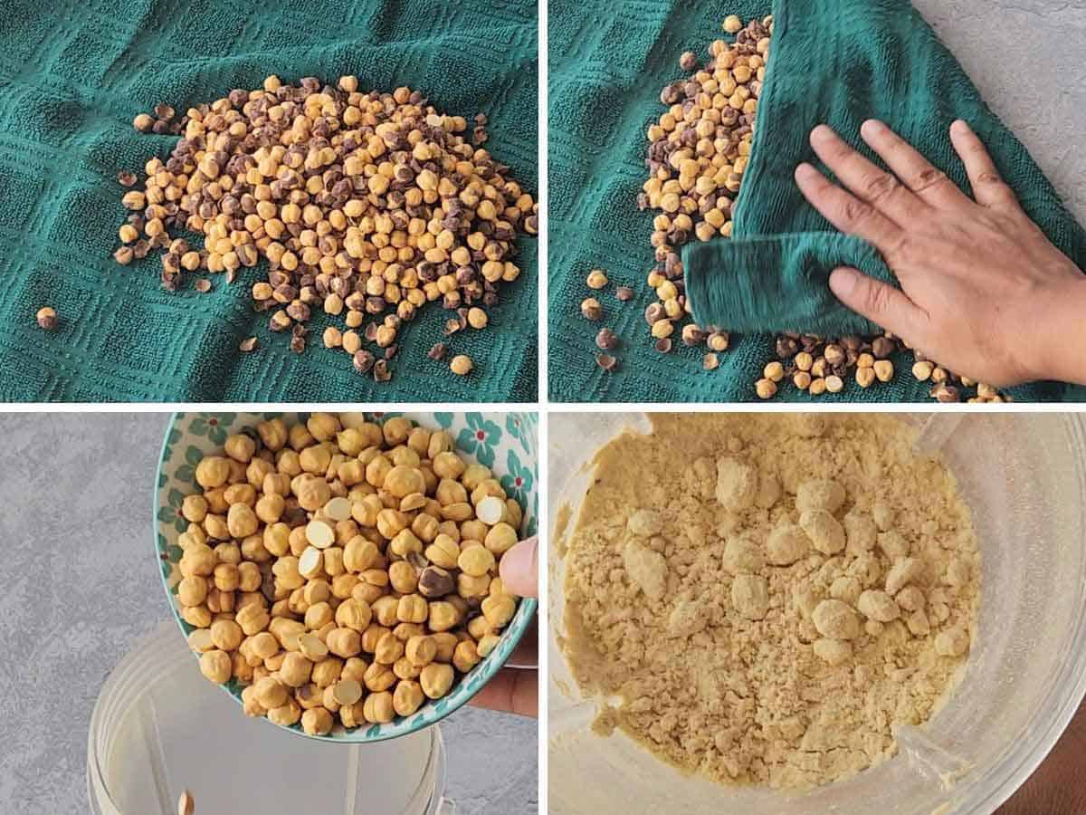 Removing the skin of Roasted gram (Chana).