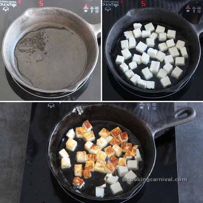 shallow frying paneer in cast iron pan