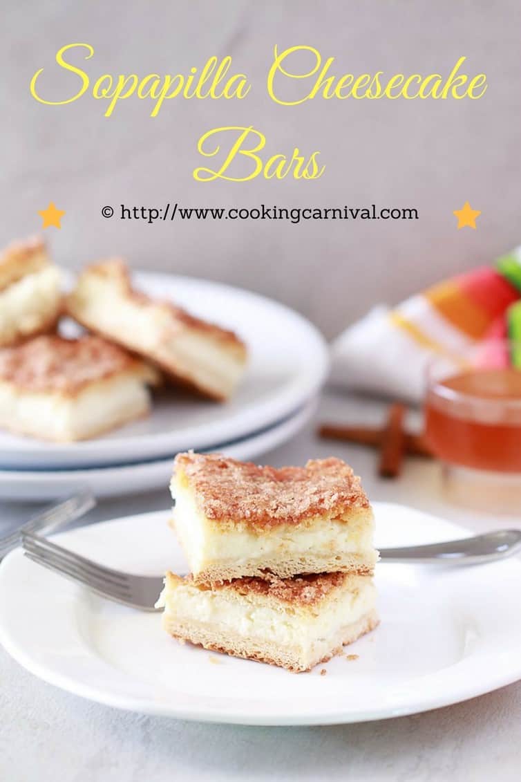 Sopapilla Cheesecake Bars on a white plate with fork