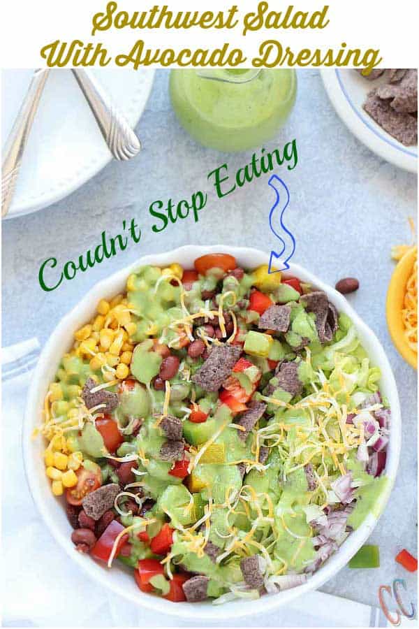 Southwest Salad - Bursting with small kidney beans, corn, bell peppers, cherry tomatoes, sweet corn, cheese, crispy lettuce, onions and bathed in Creamy-smooth Avocado Dressing, topped with blue corn tortilla chips. A super simple and classic salad that can be eaten in any season, be it summer, winter, spring or fall!