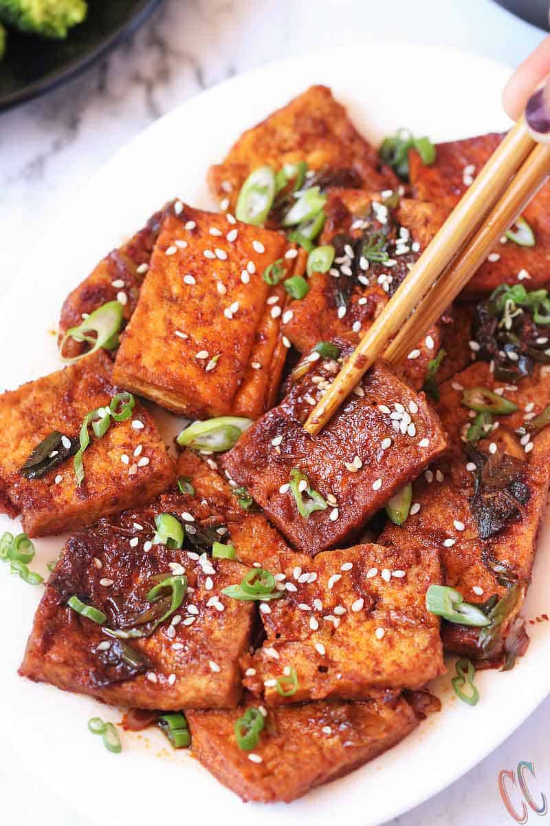 Spicy Braised Tofu / Dubu Jorim - A traditional Korean dish made with pan fried tofu, braised in a savory-spicy sauce with green onions and garlic. It's juicy, a little spicy and delicious. It is the best Korean Side Dish served with Rice, Noodles or with Coconut Quinoa.