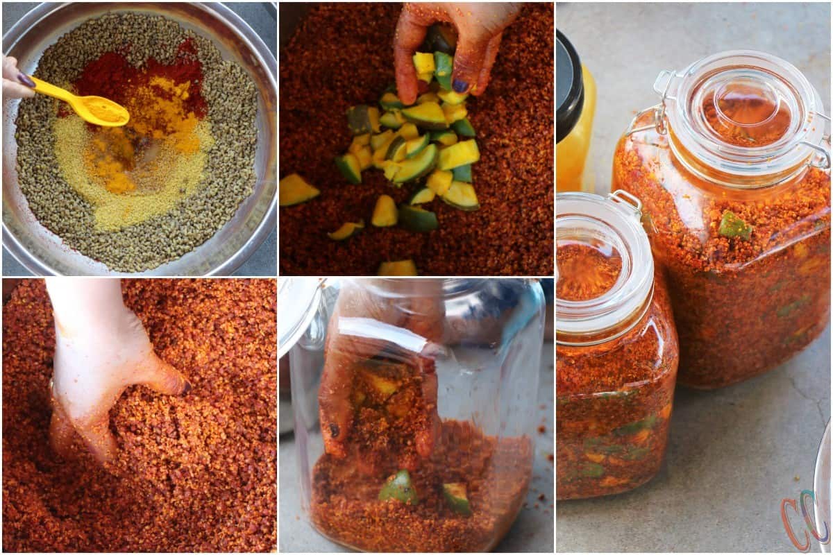 Mango Pickle | Gujarati traditional Methiya Keri Nu Athanu - Finger licking Pickle recipe Made with fresh raw mango, Methi Na Kuriya (coarsly crushed Fanugreek Seeds), Rai Na kuriya (Coarsely crushed mustard seeds), Salt, Red chili powder, Asafetida and Oil.