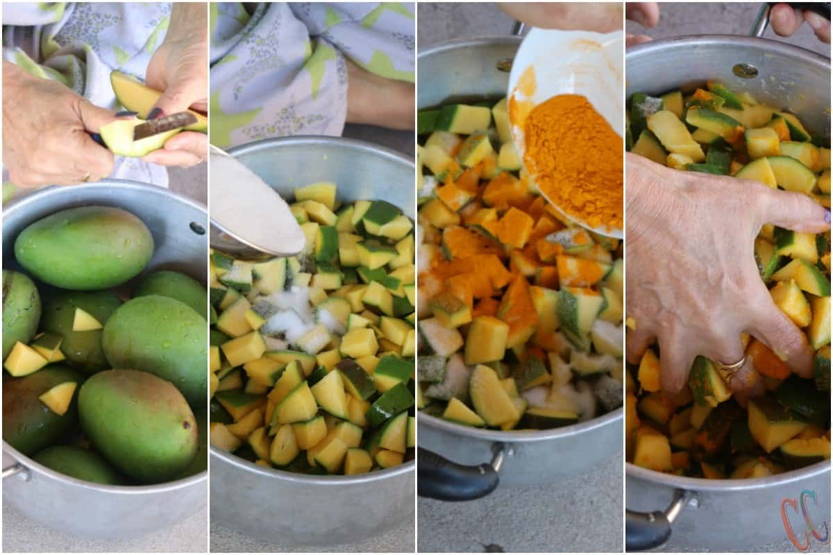 Mango Pickle | Gujarati traditional Methiya Keri Nu Athanu - Finger licking Pickle recipe Made with fresh raw mango, Methi Na Kuriya (coarsly crushed Fanugreek Seeds), Rai Na kuriya (Coarsely crushed mustard seeds), Salt, Red chili powder, Asafetida and Oil.