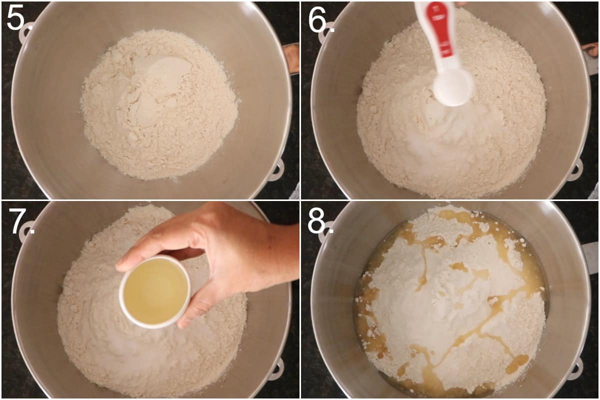 Mixing flour, salt, oil for bread bowl