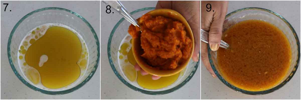 Mixing yeast water with pumpkin puree and olive oil