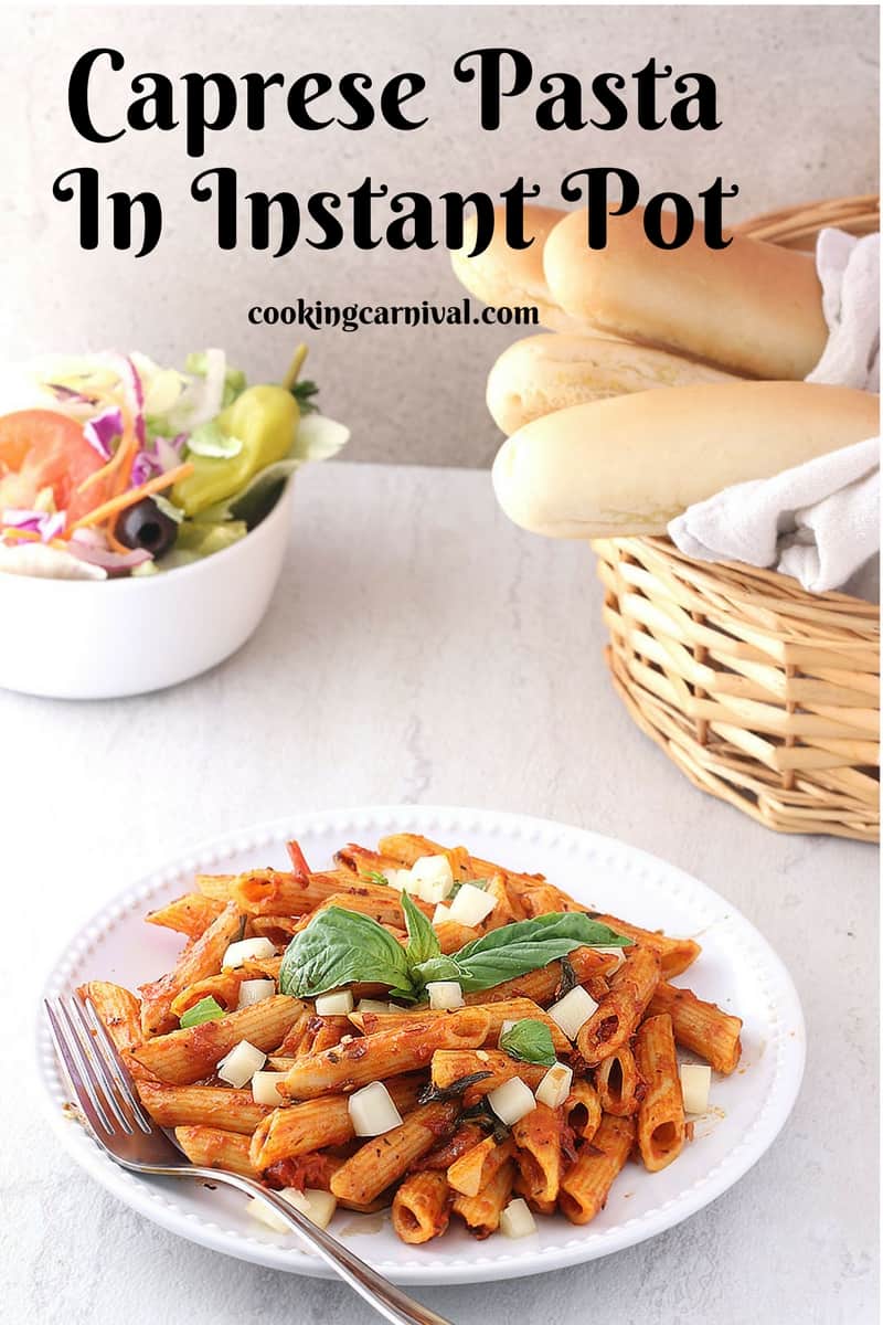 This Caprese Pasta in Instant pot is all about the ingredients cooked in the same pot, the quickest, scrumptious pasta meal you will ever make. This dish takes all the amazing flavors of the Caprese salad and combines them in a delicious, 10 to 15 minutes meal. This pasta dish has all the traditional ingredients - Tomatoes, basil, Mozzarella, Olive oil and Balsamic. And the very best part of this dish - Its all made in one pot, Instant pot. Notes - 1. I use Penne pasta for this one pot meal but you can use any type of pasta you'd like. 2. You can add vegetable broth instead of water. 3. Although fresh mozzarella is a must in a Caprese psta, you could substitute shreadded mozzarella or any cheese. 4. I didn't have the grape tomatoes, so I used Roma tomatoes. Use grape tomatoes for better taste. 5. I haven't added any onion or garlic in this recipe because I used pasta sauce which already had the garlic and onions in it. 6. If you dont have fresh basil, you can use dried one too. Use ¼ tsp. Looking for more Instant pot recipes?? Quinoa Pulao Quinoa chili I am a Caprese lover. :) I do make many dishes using caprese ingredients like Caprese Grilled Sandwich, Caprese Pasta, Caprese on toast and many more... Do give this a try, i'm sure you'll love it. :) And yes one more thing, you can make this not just in Instant pot, but also in pressure cooker and pan. How?? Keep reading this post. I am going to share all the method for ya. :) Ingredients Pasta - 225 grams Pasta sauce - 1 and ½ cup Basil leaves - 5 to 6 + For garnishing Olive oil - 2 tablespoon Salt to taste Chili flakes - 1 teaspoon Italian seasoning - ½ teaspoon Mozzarella cheese Chopped tomatoes - 2 medium Water 2 cups Direction How to make Caprese Pasta in Instant Pot?? 1. Press the saute button. Heat oil in a pot. 2. Add all the ingredients one by one except Mozzarella cheese and balsamic vinegar. 3. Mix well 4. Turn off the saute button. 5. Set the Instant Pot to Manual o for 5 minutes on high pressure with pressure valve set to sealing. 6. Quick release the pressure. 7. Open the lid and give it a quick stir. 8. Take this pasta out in serving plate, add cheese, balsamic and basil leaves. 9. Serve hot with your choice of crusty bread and Salad. Enjoy. How to make Caprese pasta in Pressure cooker?? 1. Heat oil in a pressure cooker. 2. Add all the ingredients one by one except Mozzarella cheese and balsamic vinegar. 3. Mix well 4. Close the pressure cooker 5. Take 2 whistles. 6. Let the pressure cools down completely. 7. Open the lid and give it a quick stir. 8. Take this pasta out in serving plate, add cheese, balsamic and basil leaves. 9. Serve hot with your choice of crusty bread and Salad. Enjoy. How to make Caprese pasta in Pan?? 1. Heat oil in a pan. 2. Add all the ingredients one by one except Mozzarella cheese and balsamic vinegar. 3. Mix well 4. Close the Pan. 5. Let it cook for 10 to 12 minutes or pasta gets cooked. Stir occasionally. 6. Open the lid and give it a quick stir. 7. Take this pasta out in serving plate, add cheese, balsamic and basil leaves. 8. Serve hot with your choice of crusty bread and Salad. Enjoy.