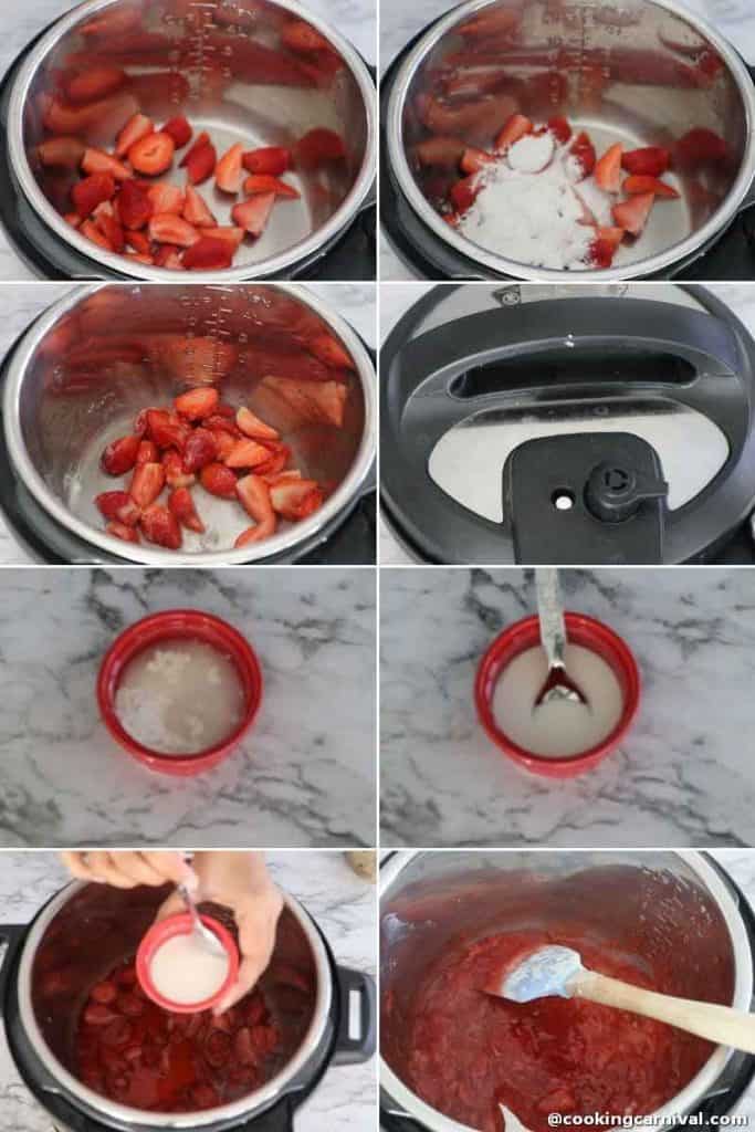 collage of strawberry sauce in instant pot