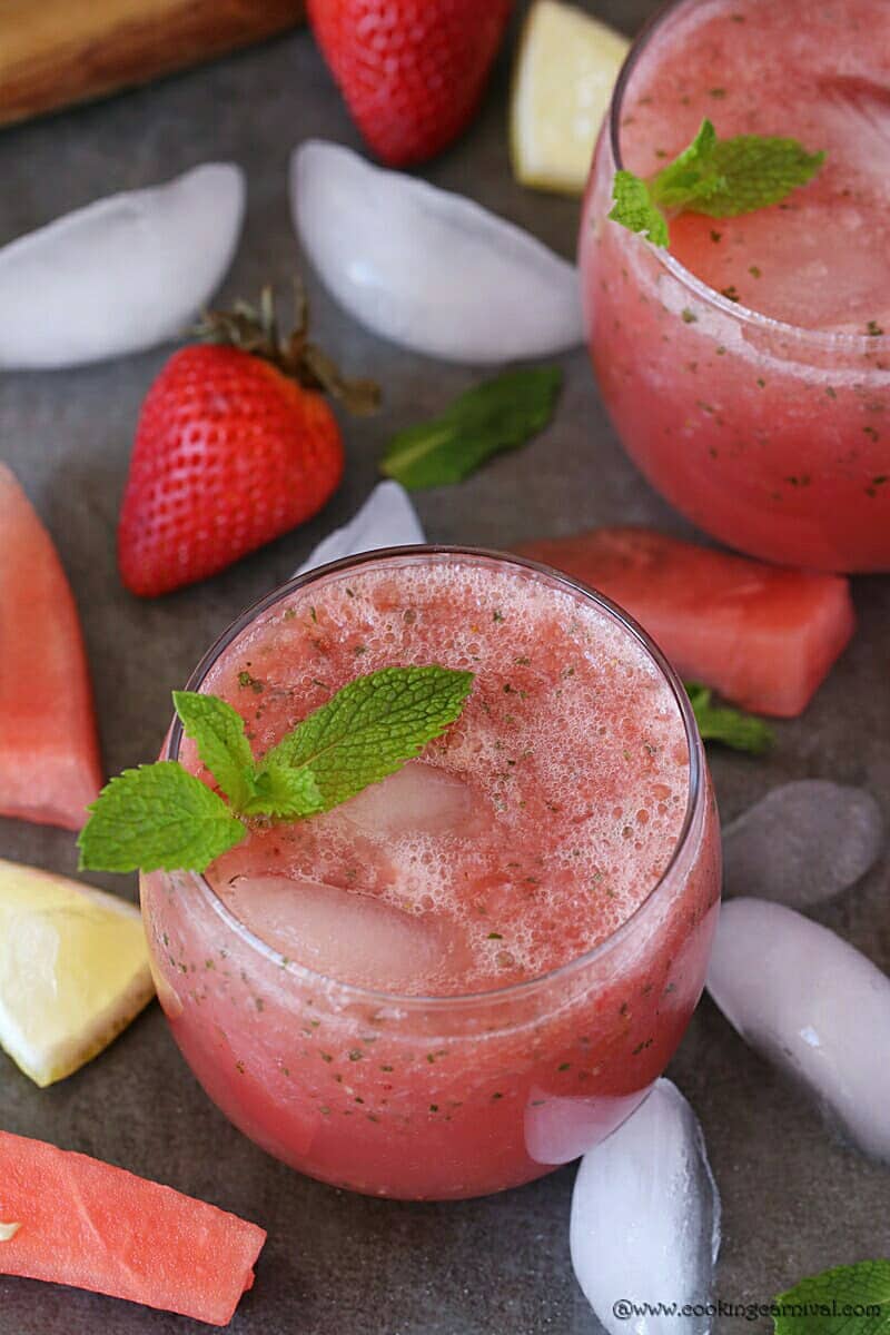 Picture of lemonade with strawberry and watermelon from the top angle.