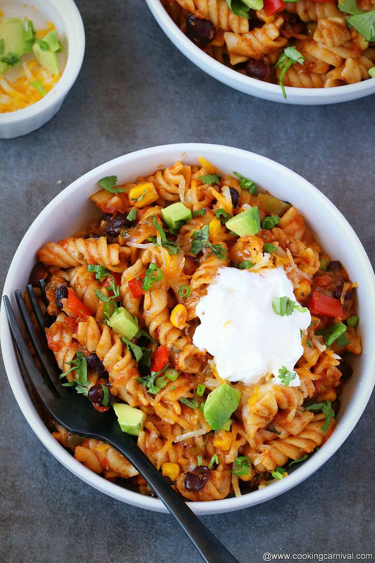 pasta in white bowl made in instant pot