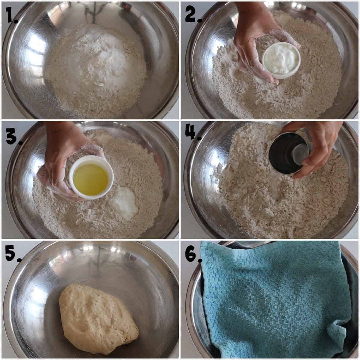 adding flour, baking powder, baking soda, oil, yogurt, and water in a bowl and kneading a dough