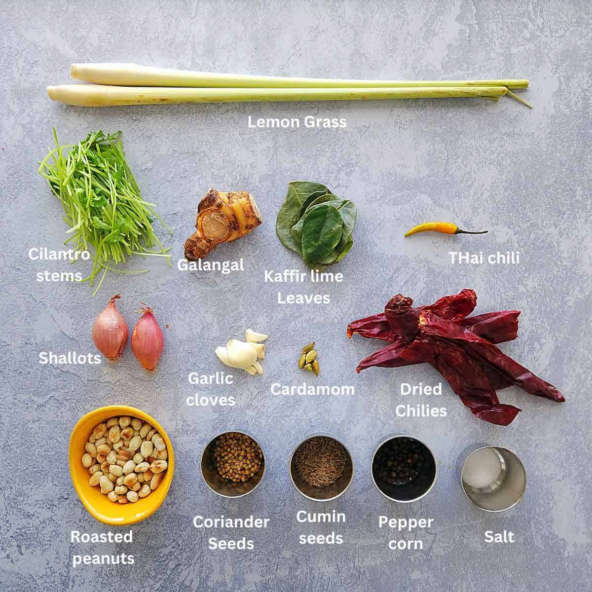 premeasured ingredients for panang curry paste