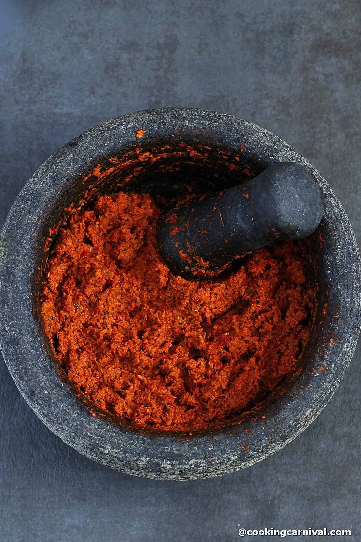 panang curry paste in mortar and pestle.