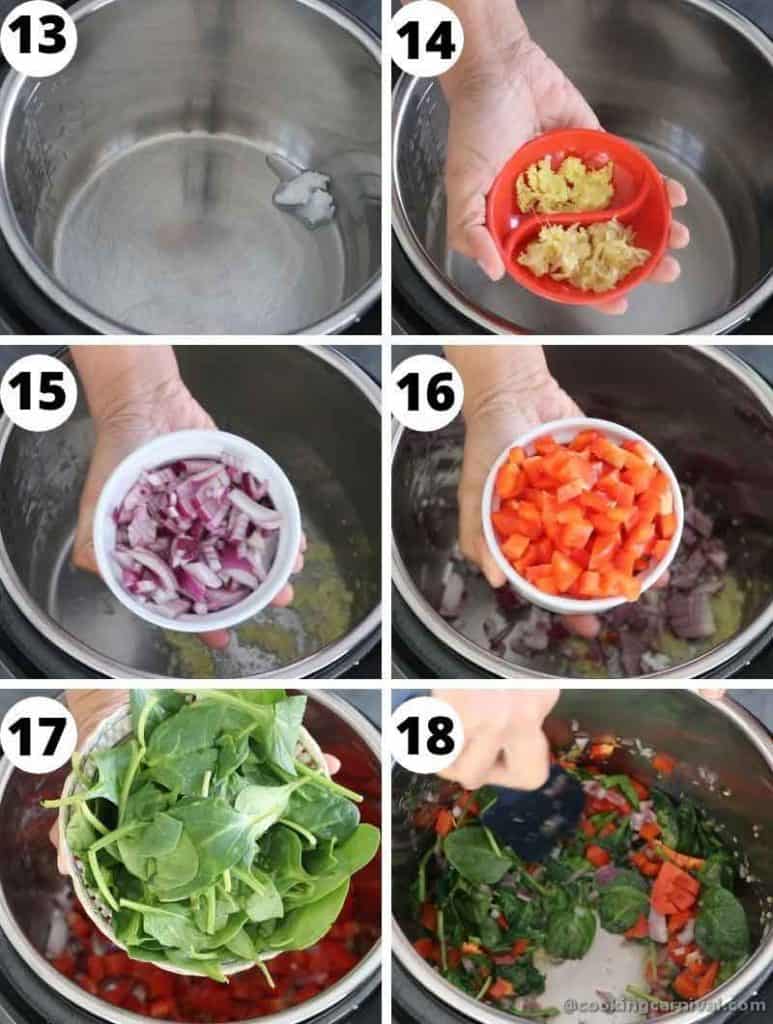 collage of sautéing onion, bell pepper, and spinach 