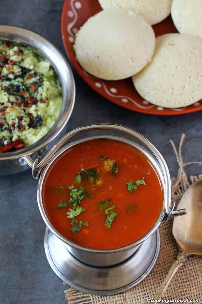 Tomato Rasam, quinoa idli on the sides