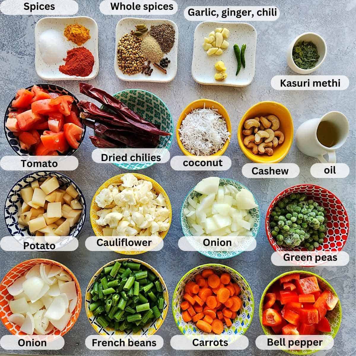 pre-measured ingredients for Veg Kolhapuri