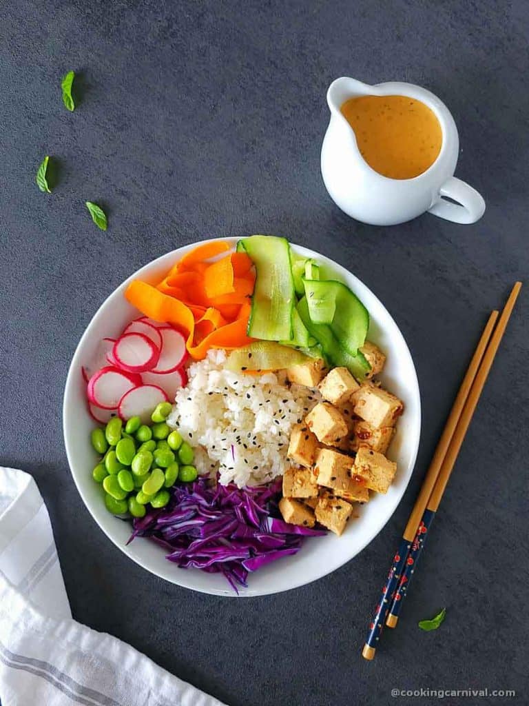 arranged poke bowl in white serving bowl