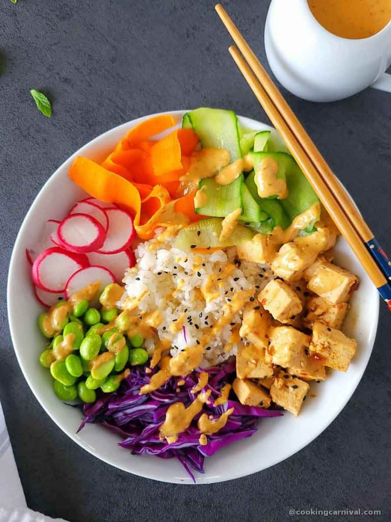 Vegan Poke bowl in white bowl