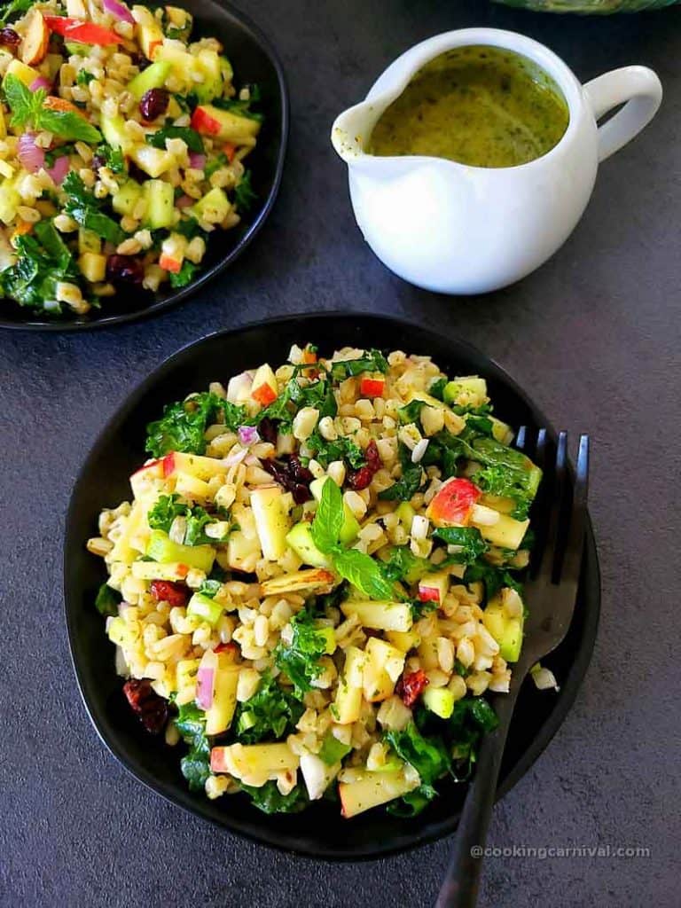 close up shot of Wheat berry salad with mint dressing