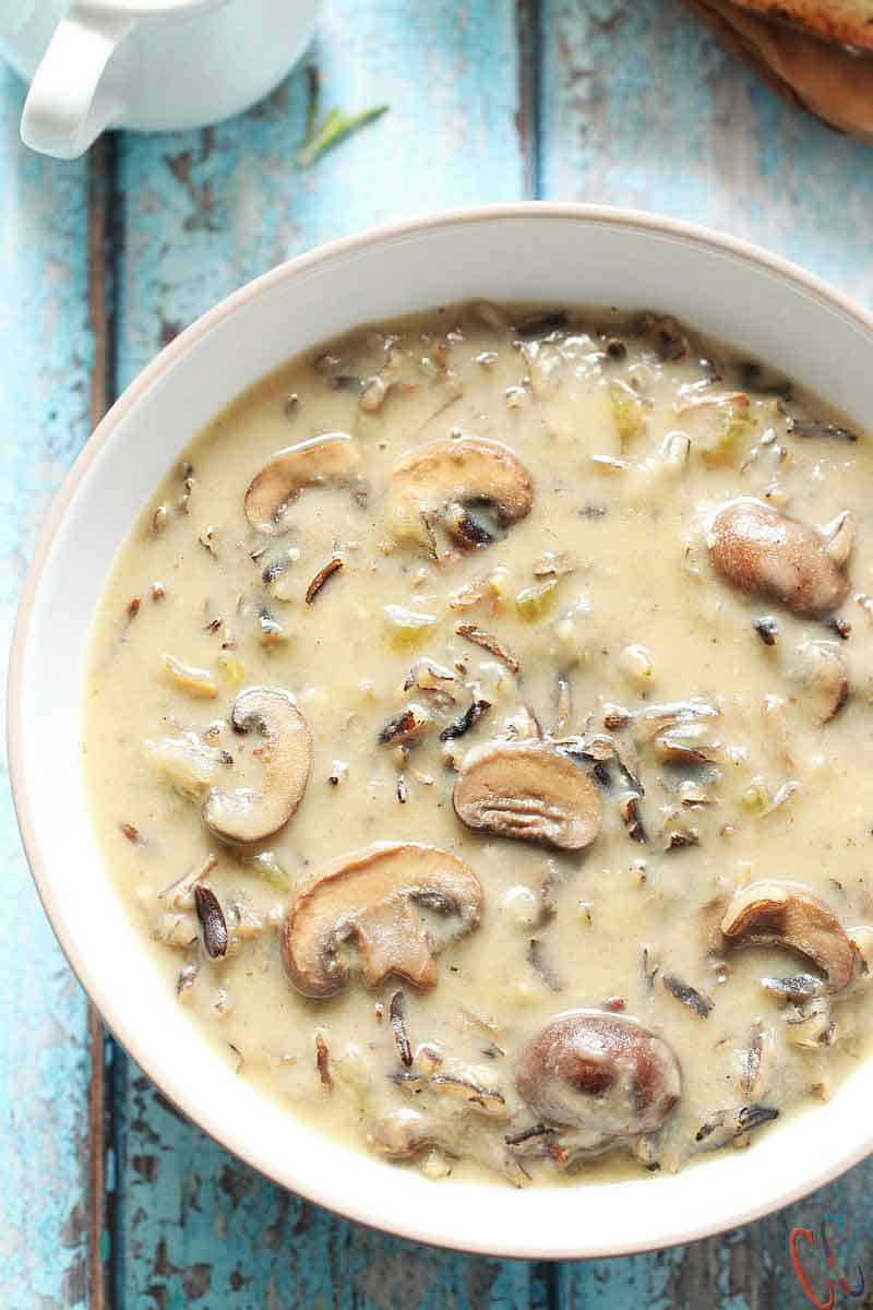 Instant Pot Vegan Wild Rice Soup in a white bowl